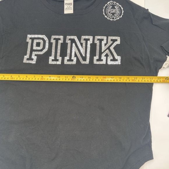 Victoria's Secret PINK Black Crew Neck 3/4 Sleeves Bling Sequin Logo T-Shirt Med - Picture 3 of 14